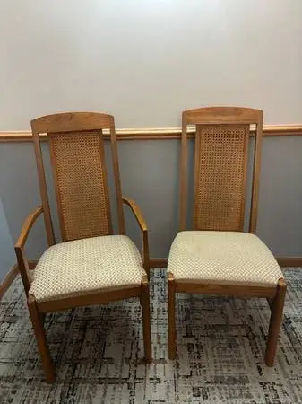 Set of 2 Mid Century Bassett Furniture Walnut Cane Style Dining Chairs