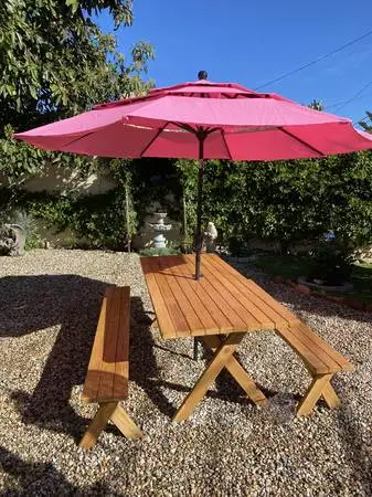 picnic tables and four piece redwood patio sets