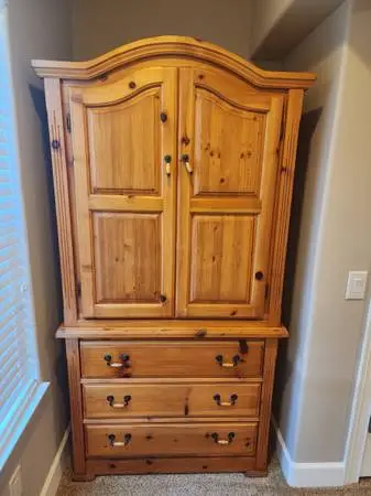 Solid Knotty Pine Wooden Armoire / Media & Storage Cabinet