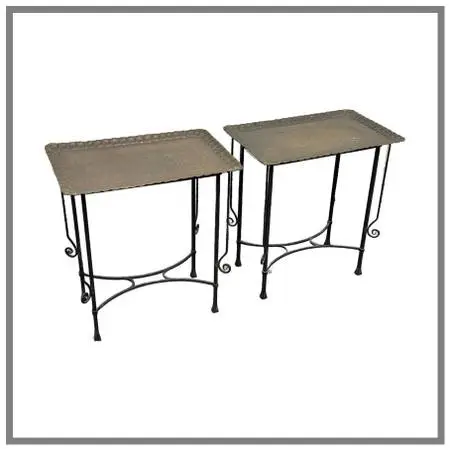 Egyptian Vintage Brass Tray + Wrought Iron Side Tables, Pair