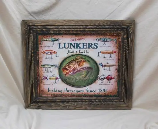 Handmade Ebony Barn Wood Framed Fishing Sign (Lunkers)
