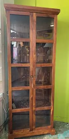 Tall, solid wood, five shelf, modern rustic cabinet