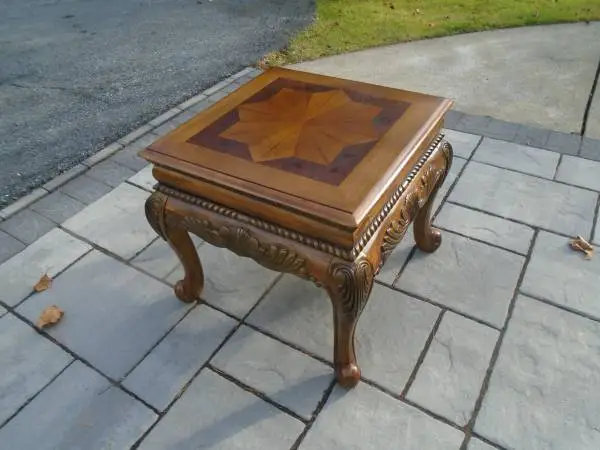 Cherrywood Table Carved Star Parquetry Inlay