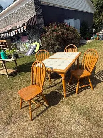 Vintage Oak & Tile Top Dining Table Set w/ 4 Arrowback Chairs