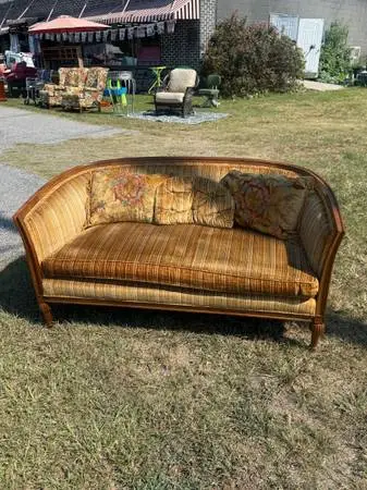 Vintage French Provincial Velvet Settee / Curved Barrel Back Loveseat