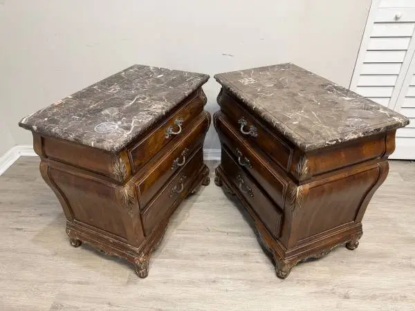 Pair of two marble top nightstands or end tables solid wood DELIVERY