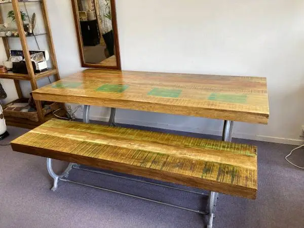 Dining table with bench, reclaimed wood, industrial iron base