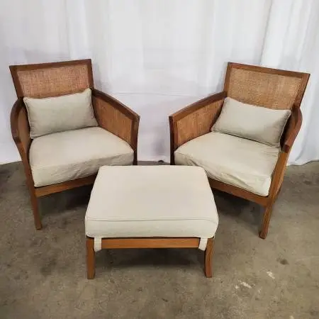 Crate & Barrel Blake Grey Wash Teak/Rattan Lounge Set w/Beige Cushions