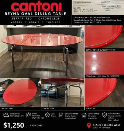 Cantoni Reyna Ferrari Red Oval Dining Table + Custom Glass Top