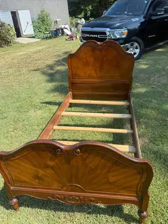 Vintage French Provincial Twin Bed Frame Sunburst Wood Veneer & Carve