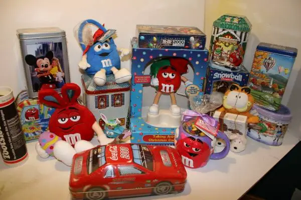 Collection of M and M Plush, Tins, Christmas Ornaments, Cups, Car, etc
