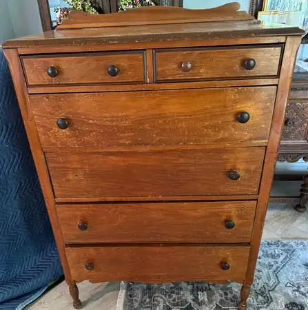 Dresser Antique 1930s Tall Highboy Chest 6 Drawers, Orig Finish