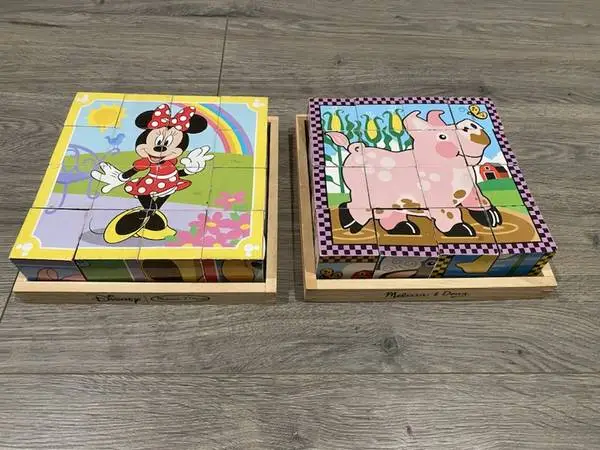 MELISSA & DOUG FARM THEME & MICKEY MOUSE WOODEN CUBE PUZZLES