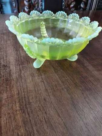 VINTAGE MOSSER, GREEN VASELINE GLASS OPALESCENT EDGE FOOTED BOWL