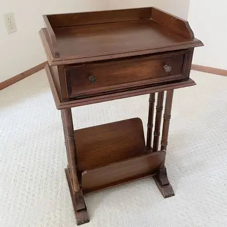 Brandt-style telephone stand/accent table with drawer and book rack