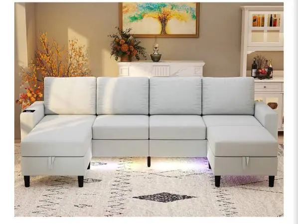 Cream Couch with LED Lighting & Charging, 2 Movable Storage Ottomans
