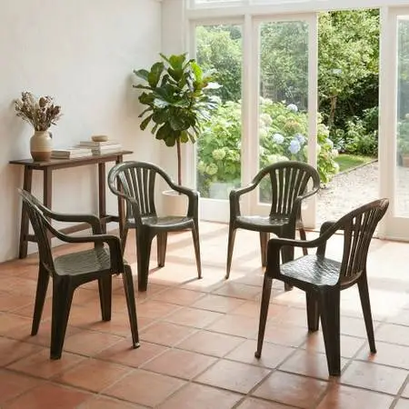 LIKE NEW - Set of 4 Stackable Brown Resin Patio Deck Dining Chairs