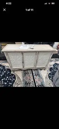Distressed Whitewash 3-Door Carved Floral Sideboard