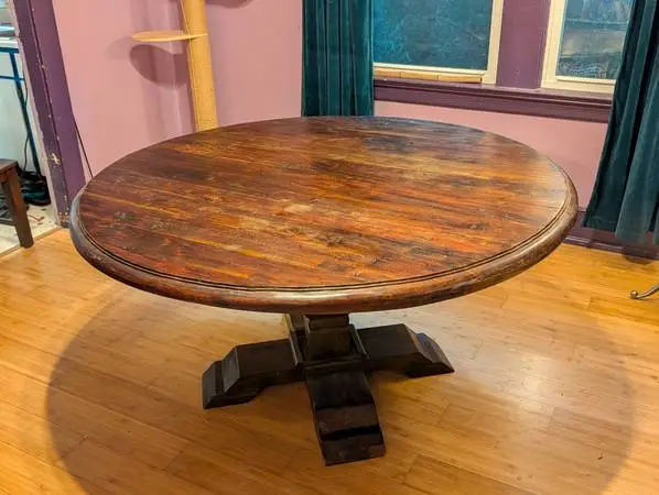 Unique 5ft Round Pedestal Reclaimed Wood Dining Table &Chairs: Vintage