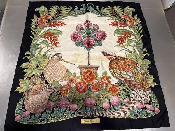 Salvatore Ferragamo Vintage Pheasant and Duck Silk Scarf - 88CM