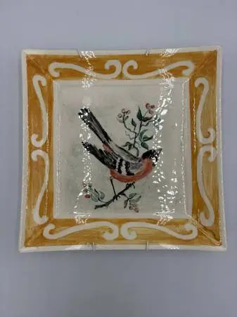Square Hand Painted Ceramic Red Bird Dish By Margarita Fray-10X2X10