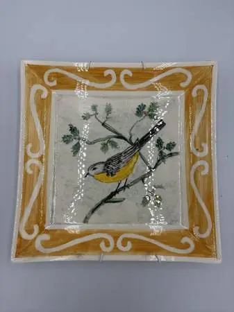 Square Hand Painted Ceramic Yellow Bird Dish By Margarita Fray-10X2X10