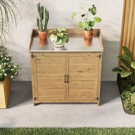Potting Cabinet + Bamboo Plant Stand - Gardening Bundle