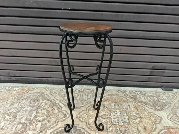 Heavy Wrought Iron Plant Stand with Wooden Top or Use as Stool.