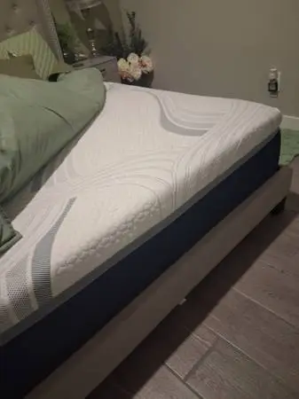 Queen bed frame, mattress, end tables