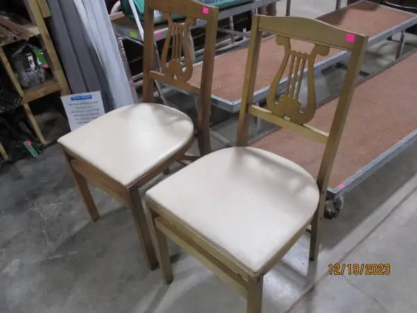 Two Vintage Matching Lyre Back Folding Chairs #3849