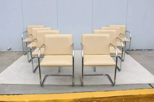 Mies van der Rohe Brno Tubular Chairs Beige Leather by Gordon Set of 8