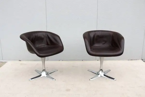 1960 MCM Burke Division Brown Leather Swivel Bucket Chairs, a Pair