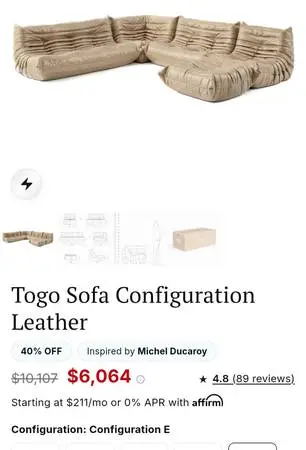 SOHNNE  Michel Ducaroy  inspired TOGO  Modular Leather Sectional Confi