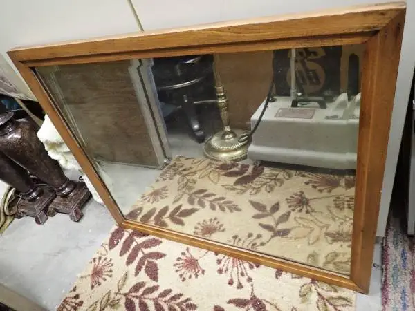 Antique Oak Beveled Mirror Golden Brown w Wood Backing - sturdy Hanger