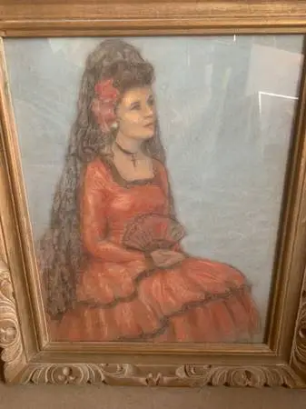 Original Pastel Painting Woman In Spanish Dress W/Mantilla And Fan