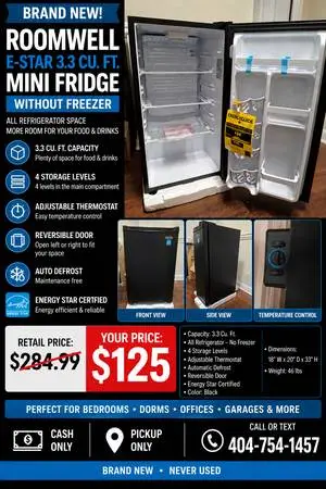 **Brand New Roomwell E-Star 3.3 Cu Ft Mini Fridge – No Freezer – $125*