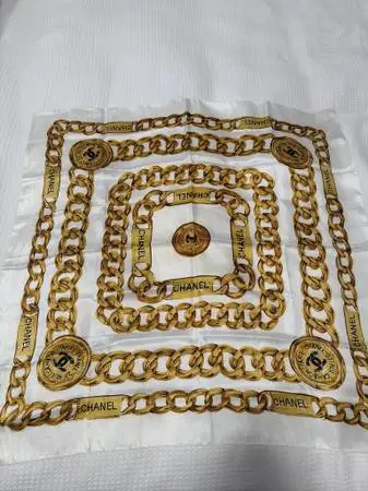 Vintage Chanel Gold Chain & Medallion Silk Scarf - White/Gold - 90 CM