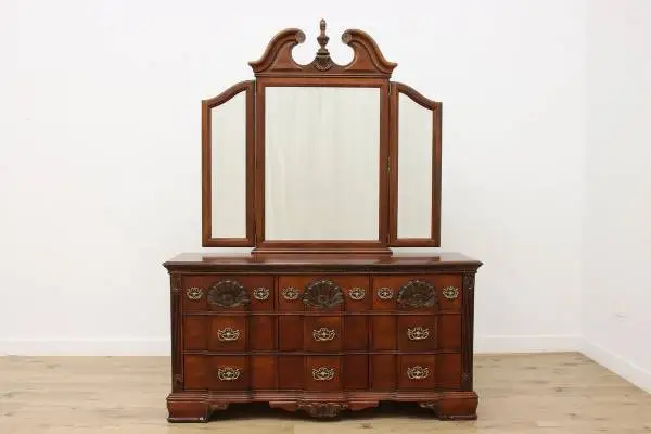 Vintage Georgian Carved Cherry Dresser tri-fold mirror by Kathy Ireland L66”*D