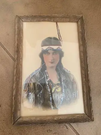 Antique Hand Colored Native American Woman Lithograph Cactus Frame