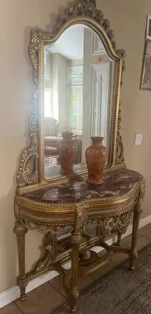 Louis XVI Style Console with top and bottom mirrors and pink marble