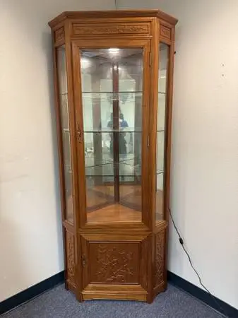 Vintage Hand-Carved Chinese Rosewood Corner Display Cabinet w Light