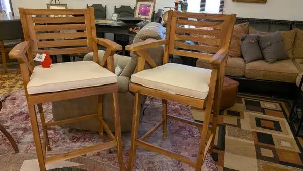 Two Teak Patio Chairs - Bar Height.