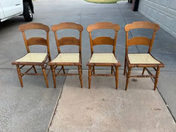 4 Sturdy Antique Solid Wood Dining Chairs w/Woven Cane Seats