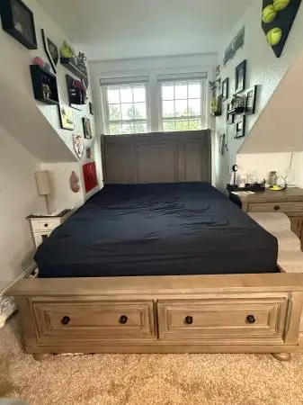 Queen Bed with Drawers & a Nightstand For Sale