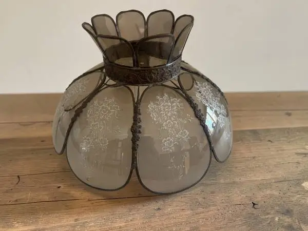 Vintage 8 Panel Glass Lamp Shade with Floral Pattern Scalloped Rim