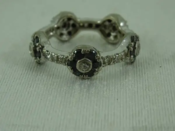 Sterling Silver .925 Black Clear CZ Flower Cluster Infinity Cocktail R