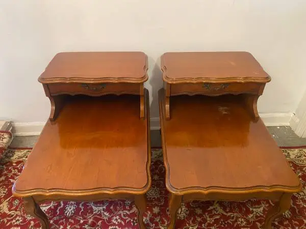 Mid-Century French Provincial Two-Tier Nightstands / End Tables (Pair)