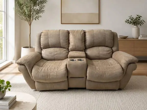Tan microfiber manual reclining loveseat with center console