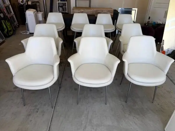 6 West Elm Finley Genuine Leather Dining Armchairs – Snow White / Silv