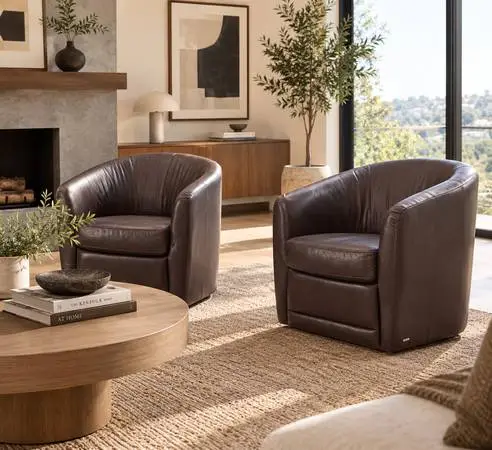Natuzzi Leather Swivel Lounge Barrel Chairs (Pair) – Mid Century